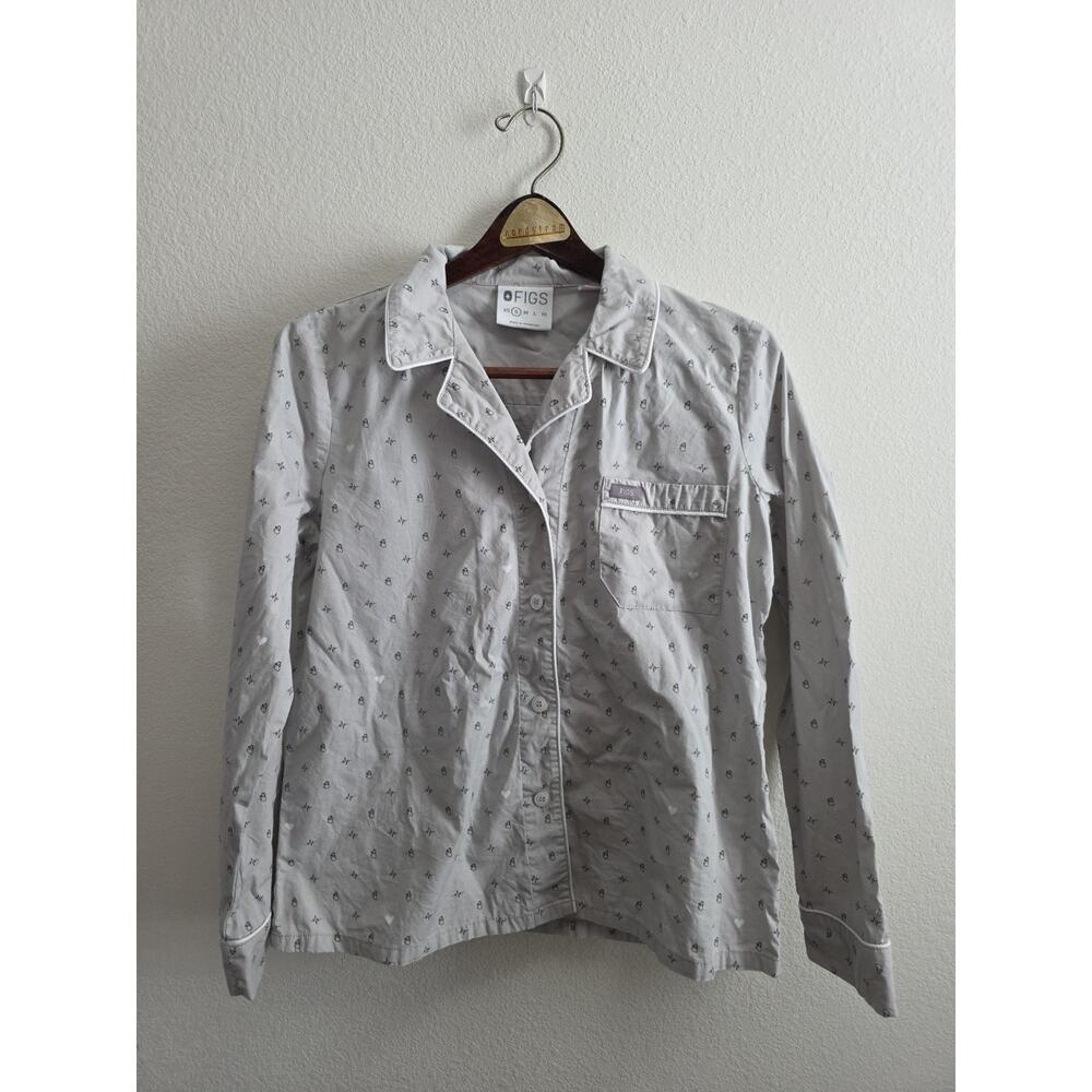 Figs Heartbeat Grey Long Sleeve Button Pajama Sleep Shirt Sz Small 100%‎ Cotton